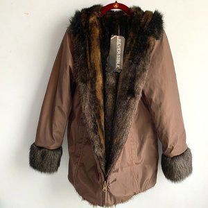 PARKHURST Brown Reversible Jacket Faux Fur/Polyester Hoodie Women Size S/M NWT